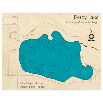 Bathymetric topo map of Derby Lake with roads, towns and depths noted in blue water