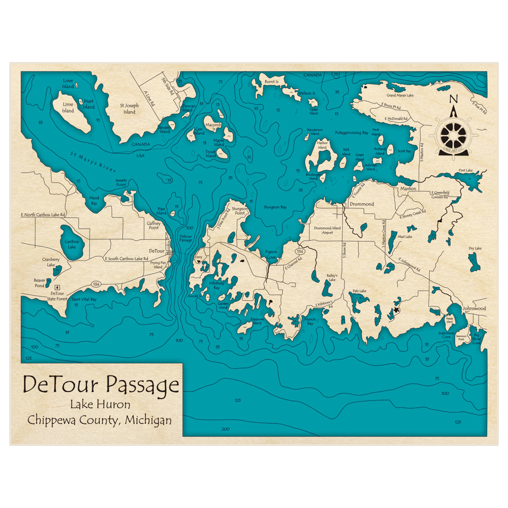 Bathymetric topo map of Detour Passage with roads, towns and depths noted in blue water
