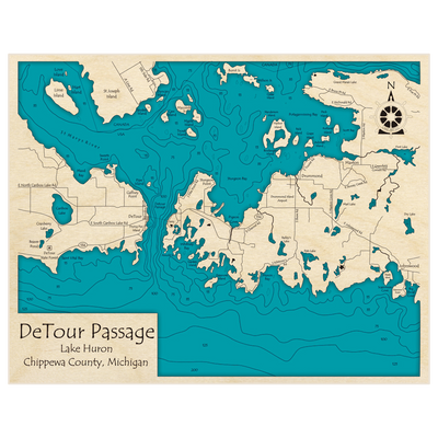 Bathymetric topo map of Detour Passage with roads, towns and depths noted in blue water