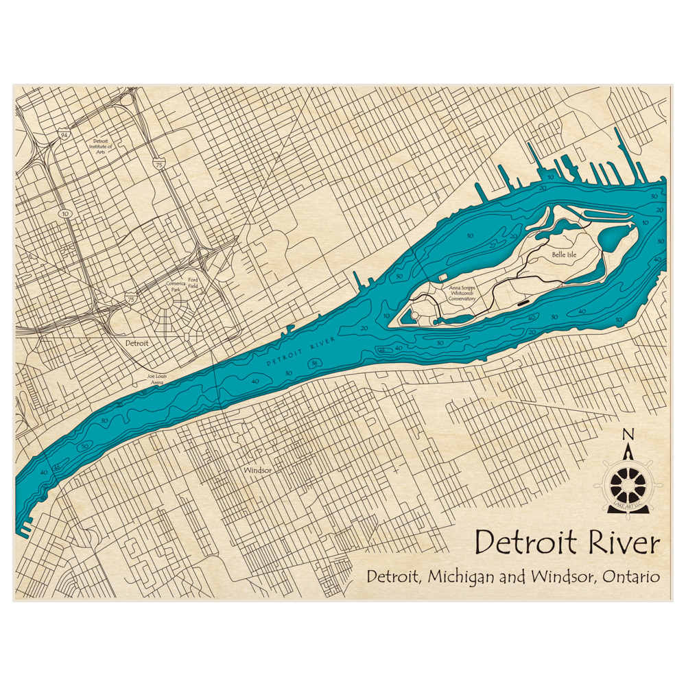 Bathymetric topo map of Detroit River (at Belle Isle) with roads, towns and depths noted in blue water