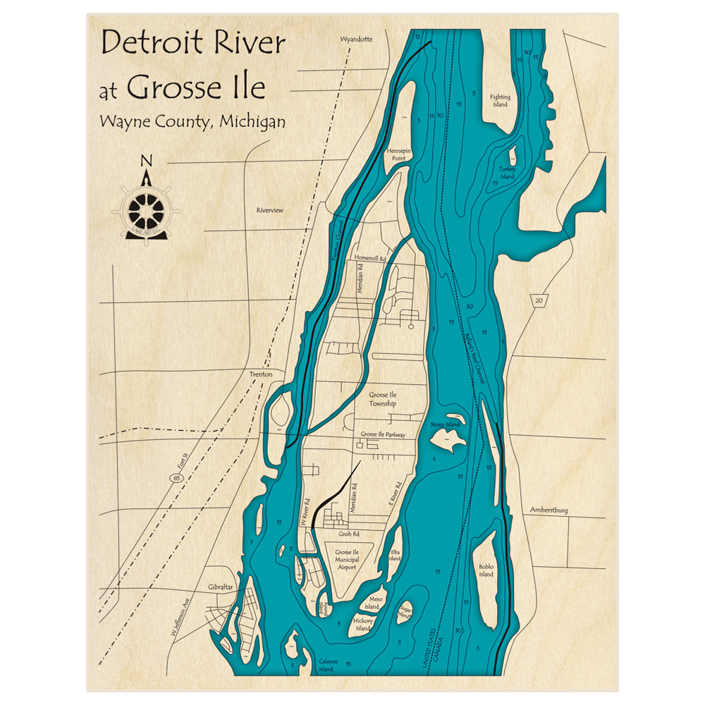 Bathymetric topo map of Grosse Ile - Detroit River with roads, towns and depths noted in blue water