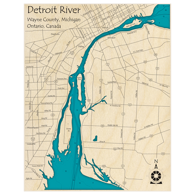 Bathymetric topo map of Detroit River with roads, towns and depths noted in blue water