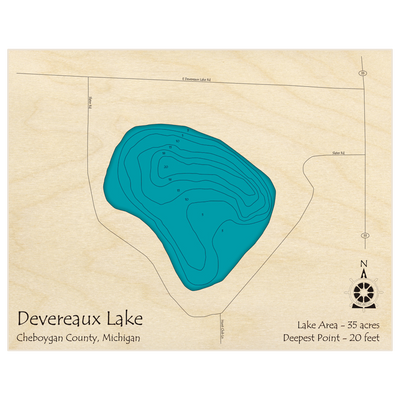 Bathymetric topo map of Devereaux Lake with roads, towns and depths noted in blue water