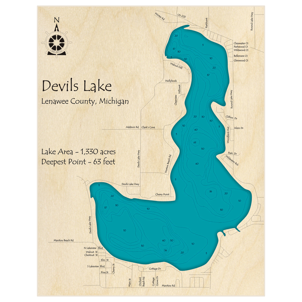Bathymetric topo map of Devils Lake with roads, towns and depths noted in blue water
