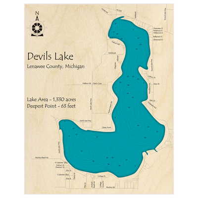 Bathymetric topo map of Devils Lake with roads, towns and depths noted in blue water