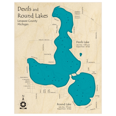 Bathymetric topo map of Devils Lake (With Round Lake) with roads, towns and depths noted in blue water