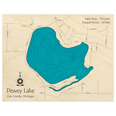 Bathymetric topo map of Dewey Lake with roads, towns and depths noted in blue water