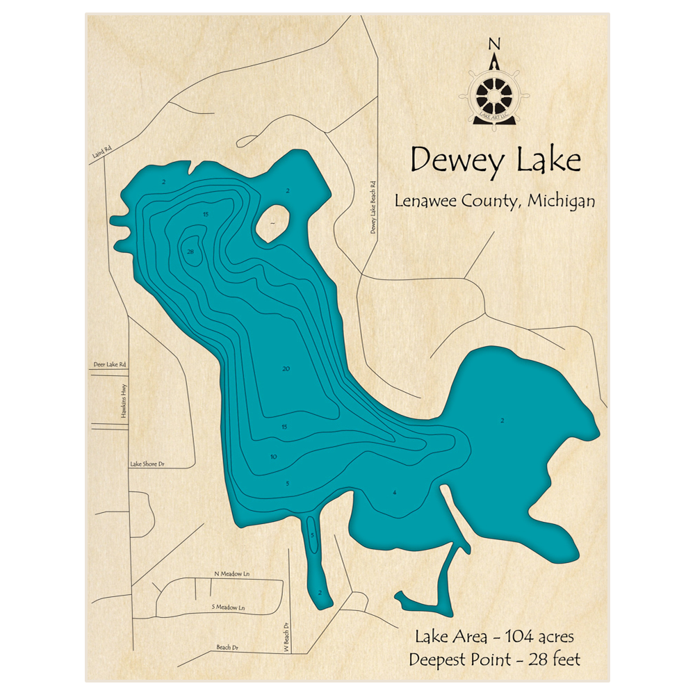 Bathymetric topo map of Dewey Lake with roads, towns and depths noted in blue water