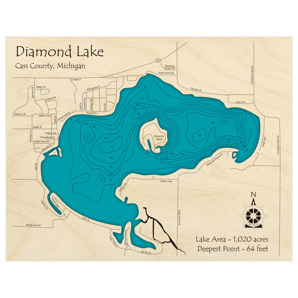 Bathymetric topo map of Diamond Lake with roads, towns and depths noted in blue water