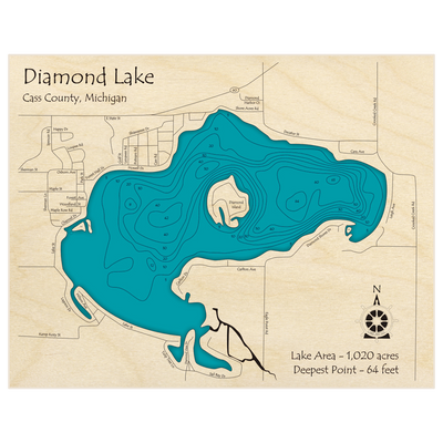 Bathymetric topo map of Diamond Lake with roads, towns and depths noted in blue water