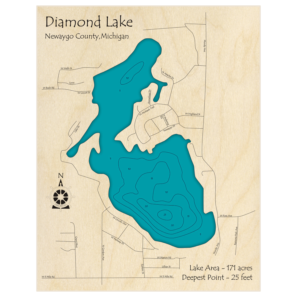 Bathymetric topo map of Diamond Lake with roads, towns and depths noted in blue water