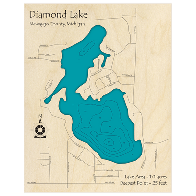 Bathymetric topo map of Diamond Lake with roads, towns and depths noted in blue water