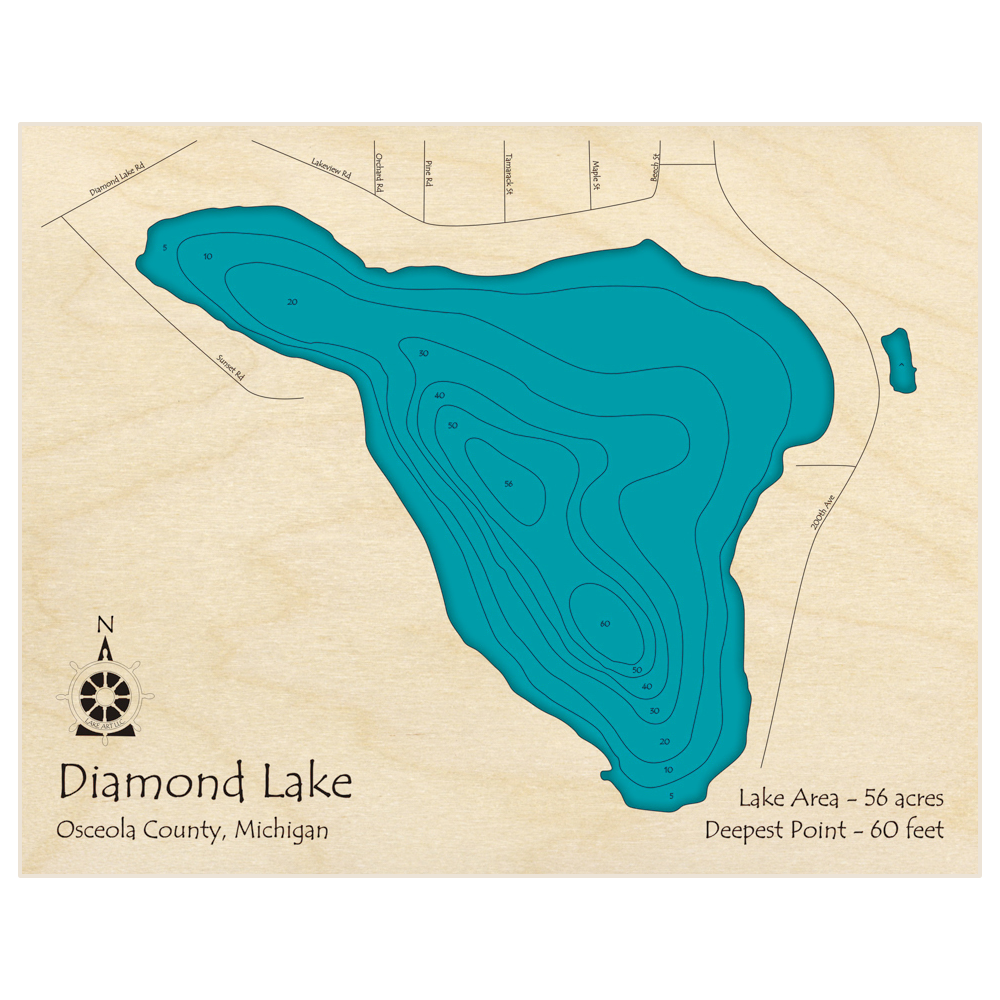 Bathymetric topo map of Diamond Lake with roads, towns and depths noted in blue water