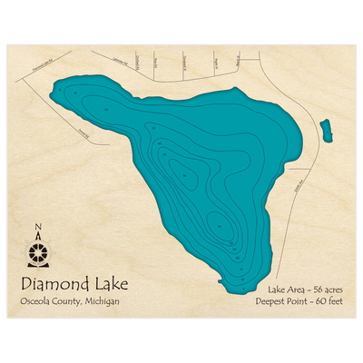 Bathymetric topo map of Diamond Lake with roads, towns and depths noted in blue water