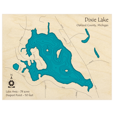 Bathymetric topo map of Dixie Lake with roads, towns and depths noted in blue water