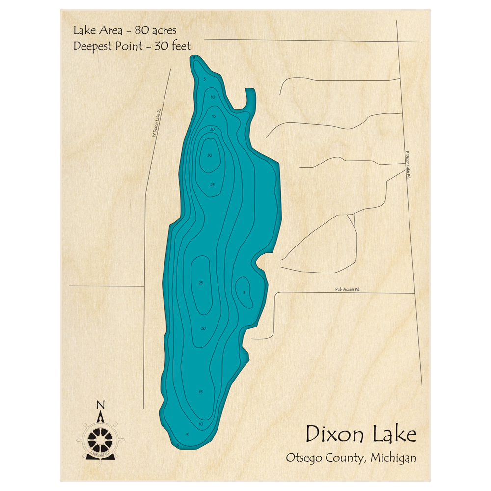 Bathymetric topo map of Dixon Lake with roads, towns and depths noted in blue water