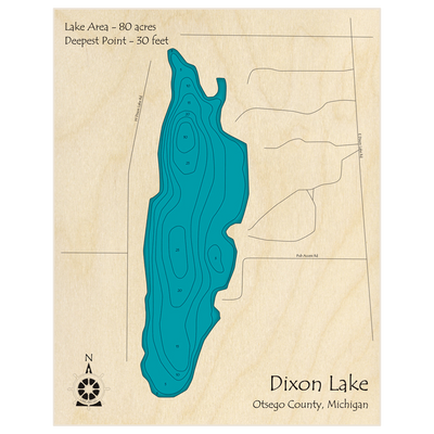 Bathymetric topo map of Dixon Lake with roads, towns and depths noted in blue water