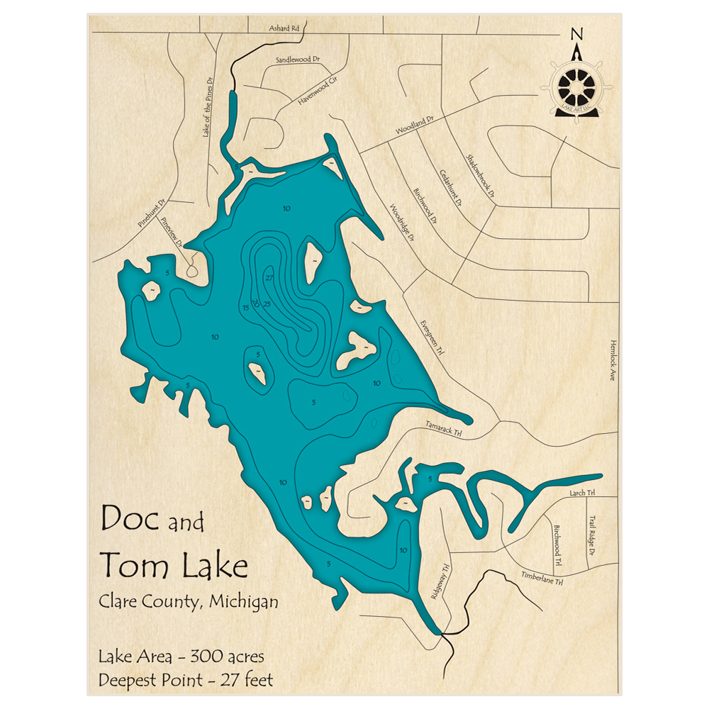 Bathymetric topo map of Doc and Tom Lake with roads, towns and depths noted in blue water
