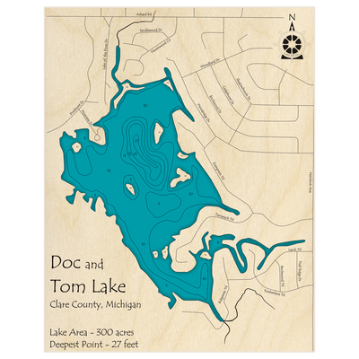 Bathymetric topo map of Doc and Tom Lake with roads, towns and depths noted in blue water