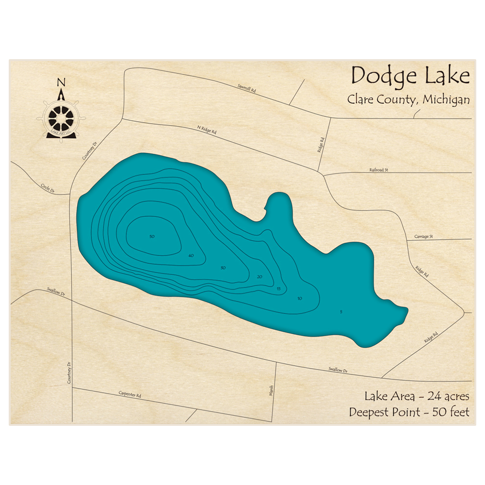 Bathymetric topo map of Dodge Lake with roads, towns and depths noted in blue water