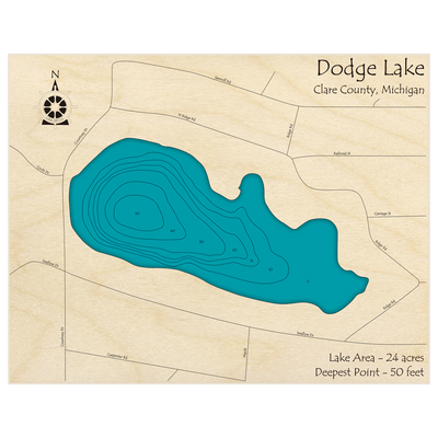 Bathymetric topo map of Dodge Lake with roads, towns and depths noted in blue water