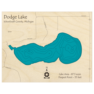Bathymetric topo map of Dodge Lake with roads, towns and depths noted in blue water