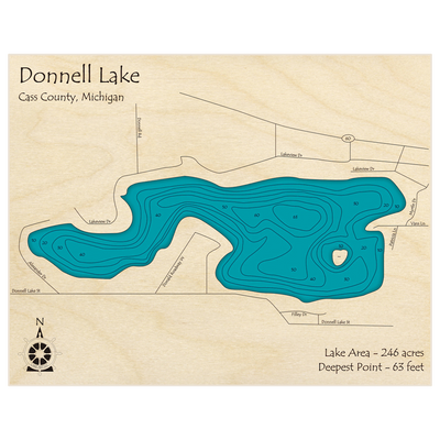 Bathymetric topo map of Donnell Lake with roads, towns and depths noted in blue water