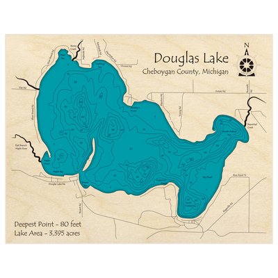 Bathymetric topo map of Douglas Lake with roads, towns and depths noted in blue water