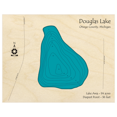 Bathymetric topo map of Douglas Lake with roads, towns and depths noted in blue water