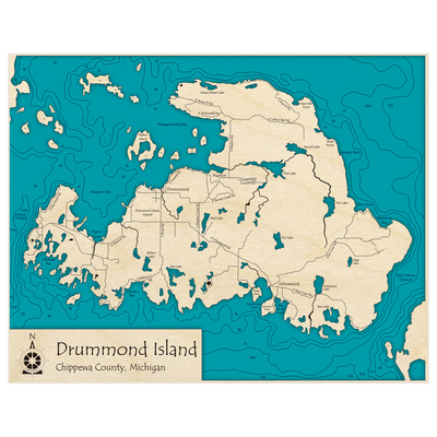Bathymetric topo map of Drummond Island with roads, towns and depths noted in blue water