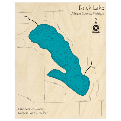 Bathymetric topo map of Duck Lake with roads, towns and depths noted in blue water