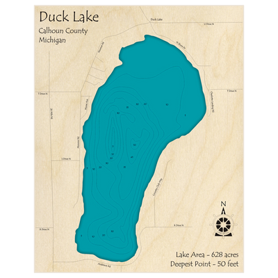 Bathymetric topo map of Duck Lake with roads, towns and depths noted in blue water