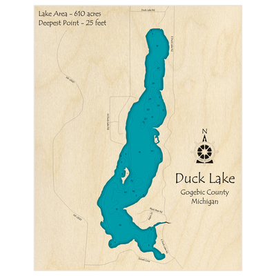 Bathymetric topo map of Duck Lake with roads, towns and depths noted in blue water