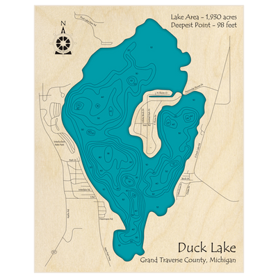 Bathymetric topo map of Duck Lake with roads, towns and depths noted in blue water