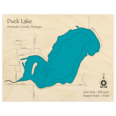Bathymetric topo map of Duck Lake with roads, towns and depths noted in blue water