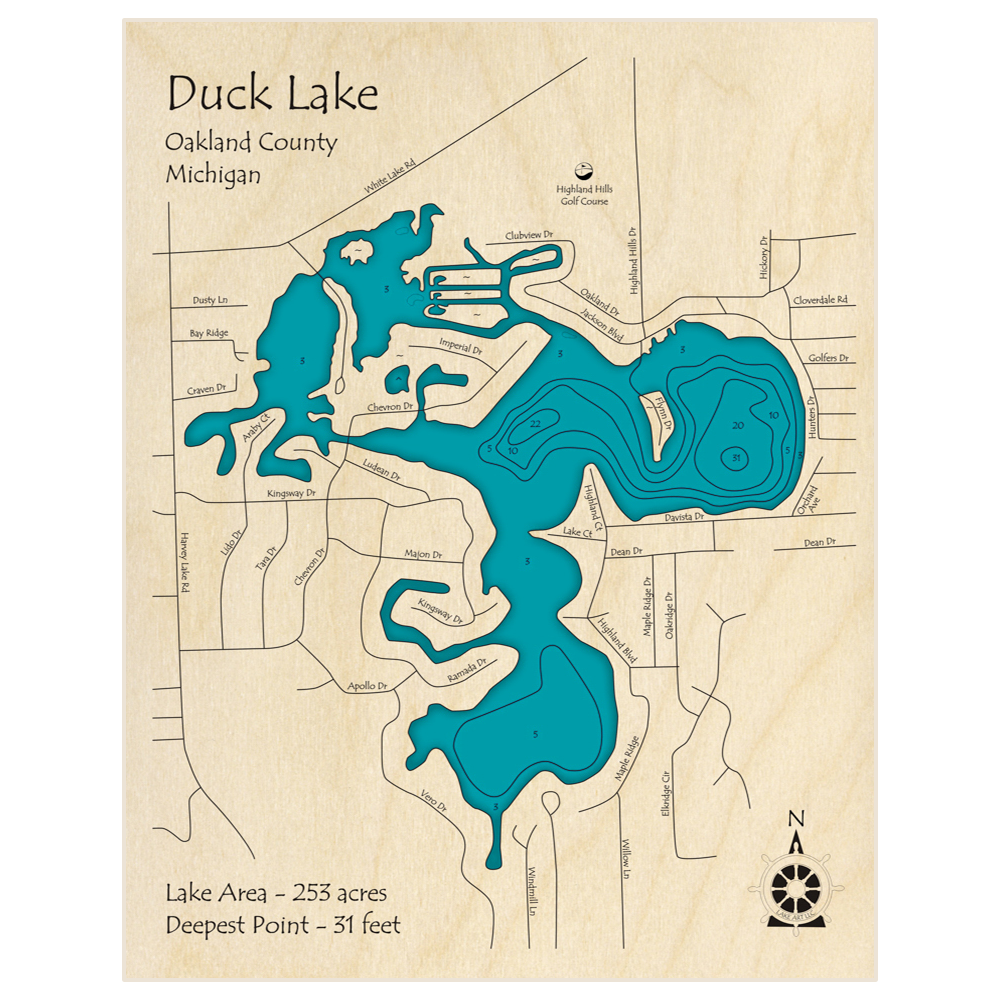Bathymetric topo map of Duck Lake with roads, towns and depths noted in blue water
