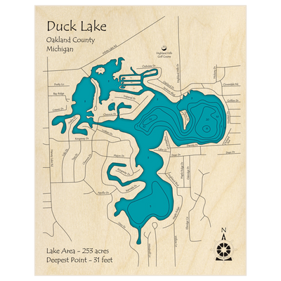 Bathymetric topo map of Duck Lake with roads, towns and depths noted in blue water