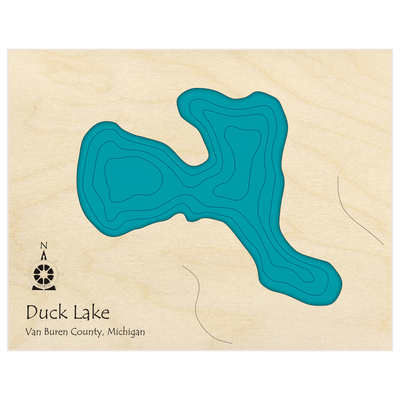 Bathymetric topo map of Duck Lake with roads, towns and depths noted in blue water