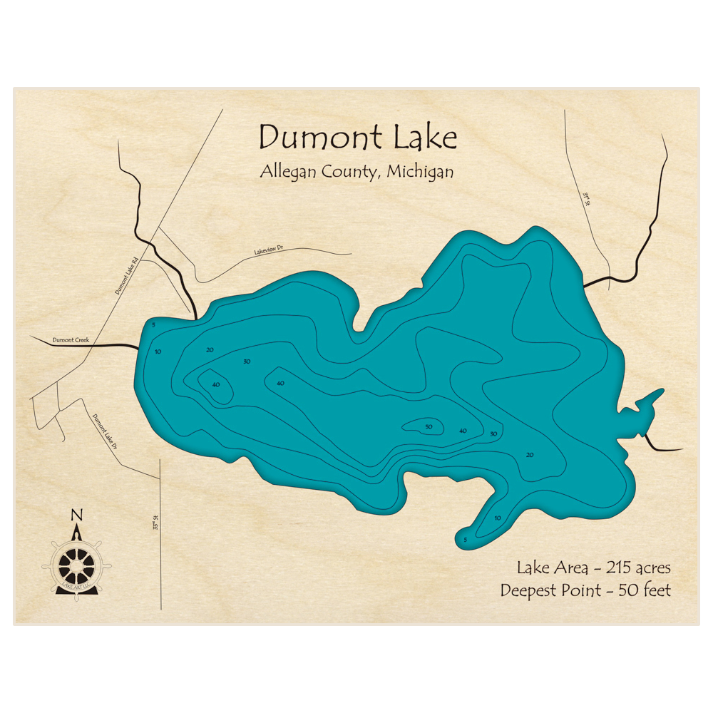 Bathymetric topo map of Dumont Lake with roads, towns and depths noted in blue water