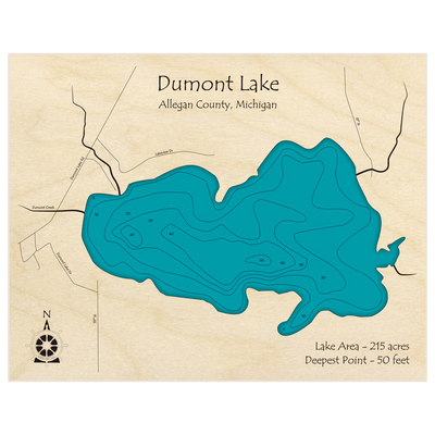 Bathymetric topo map of Dumont Lake with roads, towns and depths noted in blue water