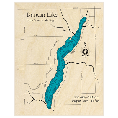 Bathymetric topo map of Duncan Lake with roads, towns and depths noted in blue water