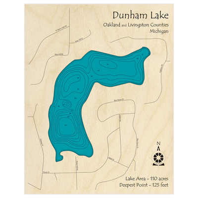 Bathymetric topo map of Dunham Lake with roads, towns and depths noted in blue water