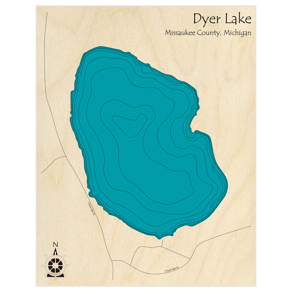 Bathymetric topo map of Dyer Lake with roads, towns and depths noted in blue water