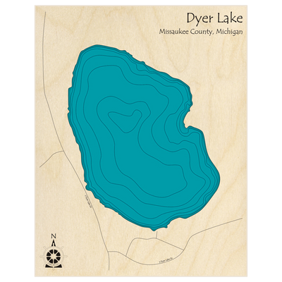 Bathymetric topo map of Dyer Lake with roads, towns and depths noted in blue water