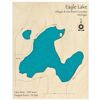 Bathymetric topo map of Eagle Lake with roads, towns and depths noted in blue water