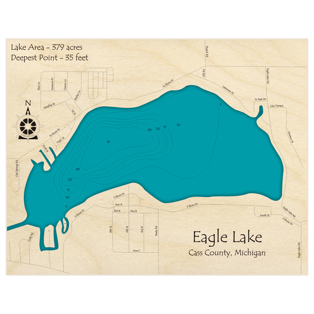Bathymetric topo map of Eagle Lake with roads, towns and depths noted in blue water