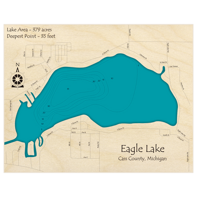 Bathymetric topo map of Eagle Lake with roads, towns and depths noted in blue water