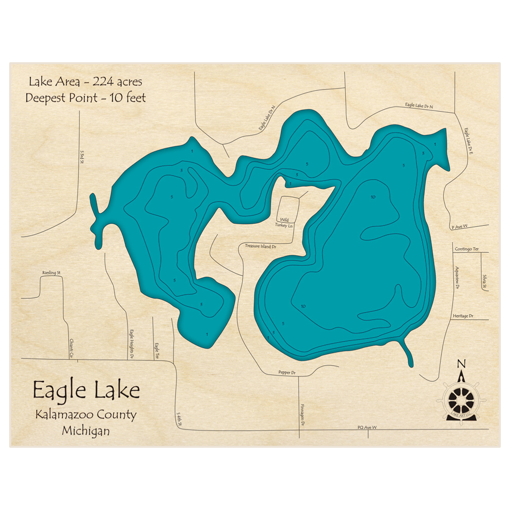 Bathymetric topo map of Eagle Lake with roads, towns and depths noted in blue water