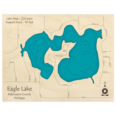 Bathymetric topo map of Eagle Lake with roads, towns and depths noted in blue water