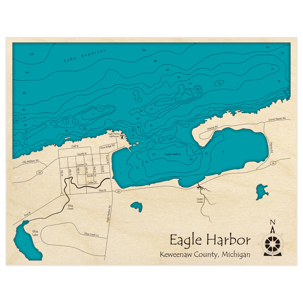 Bathymetric topo map of Eagle Harbor with roads, towns and depths noted in blue water